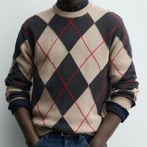 Zara Men's Diamond Jacquard Jumper Sweater Size M